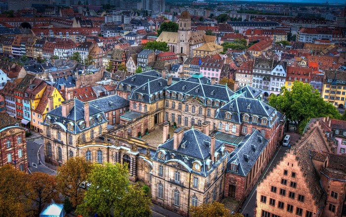 Aerial view of Strasbourg, France with historic buildings