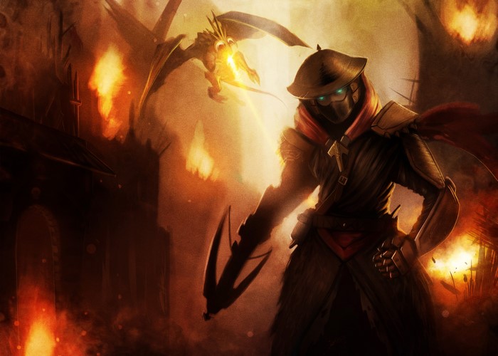 Warrior with mask and dragon in fire