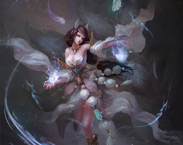 A fox spirit woman casting magic