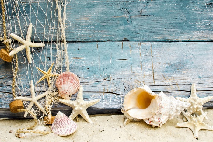 Starfish and shells on a weathered blue wooden background
