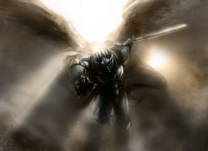 Armored warrior with sword and wings