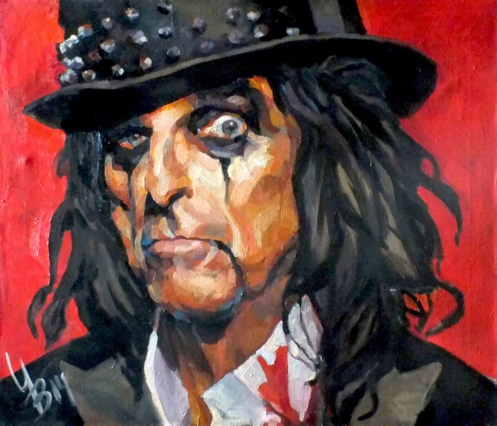 Painting of Alice Cooper wearing a studded hat