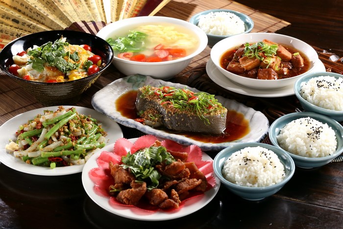 Chinese Food Spread with Rice and Soup