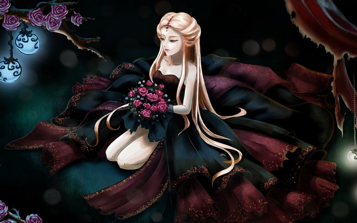 Blonde girl in a dark dress holding roses