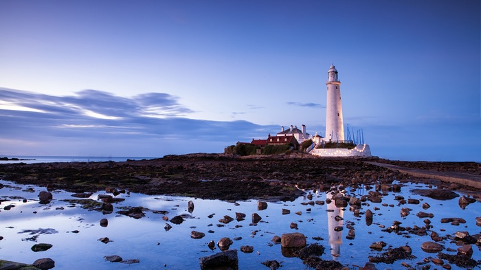 St Mary's Lighthouse at twilight with reflections