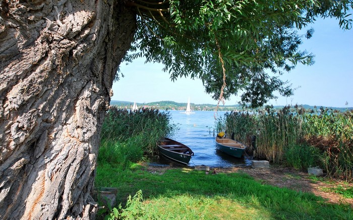 Boats by a lake with sailboats in the distance