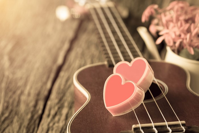 Ukulele with hearts and flowers