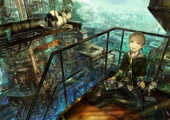 Young man and cats in a futuristic industrial city