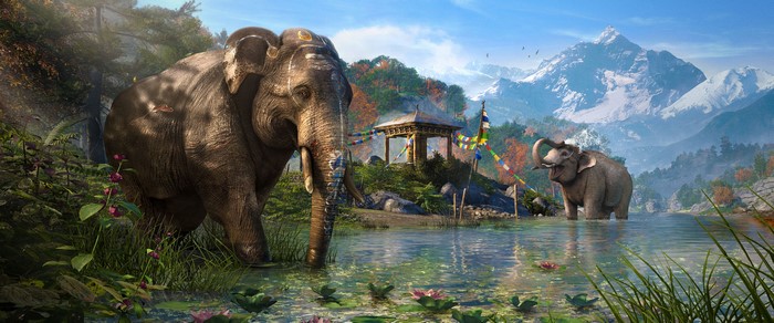 Elephants in a lake with mountains and a pagoda in Far Cry 4