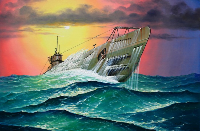 Painting of U-571 Submarine in Heavy Seas
