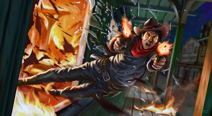 Cowboy firing pistols through a fiery window