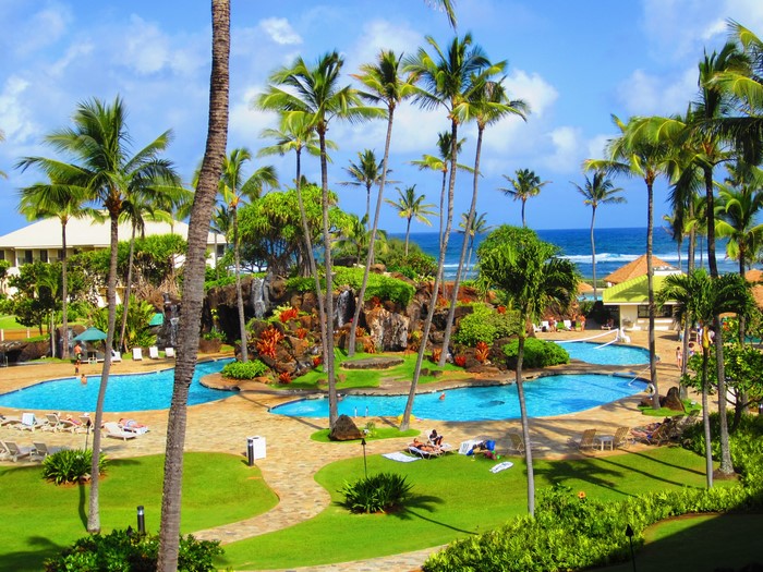 Tropical resort with pools and palm trees
