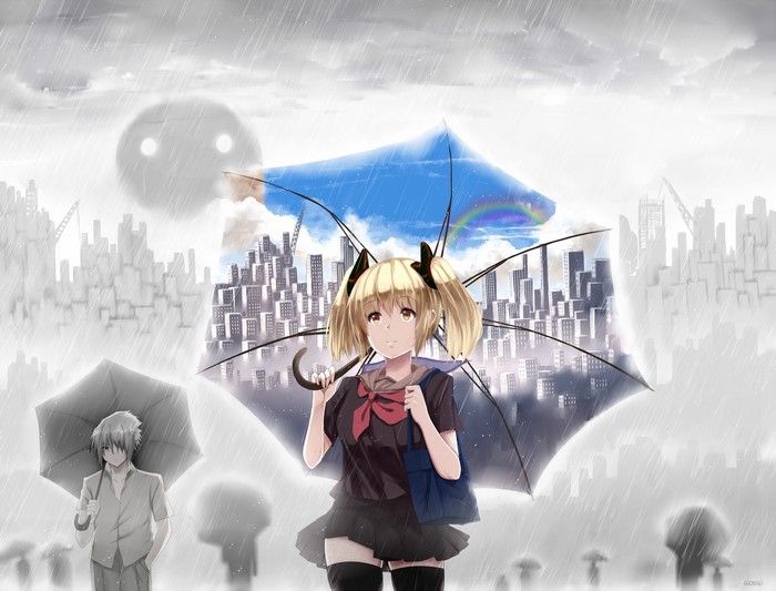 Girl with blonde pigtails holding an umbrella in the rain