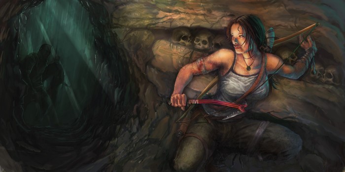 Lara Croft from Tomb Raider 2013 in a cave with skulls