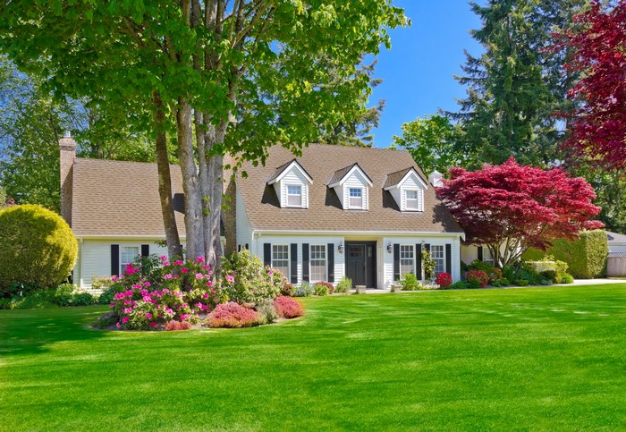 White house with green lawn and trees