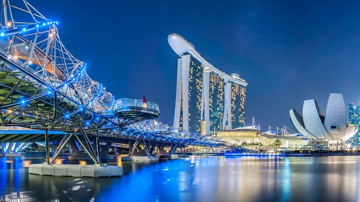 Helix Bridge and Marina Bay Sands at Night, Singapore