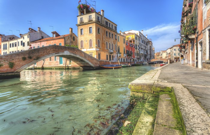 Venice Canal with Bridge and Buildings, Italy