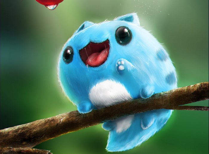 Blue creature with big eyes on a branch