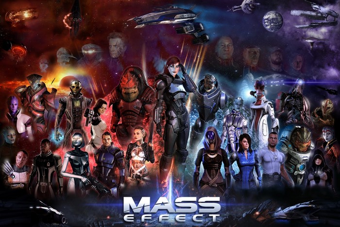 Mass Effect characters and spaceships in space
