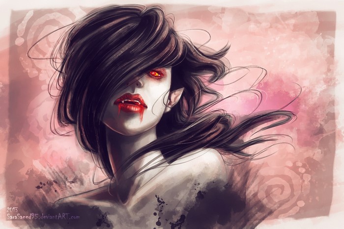Vampire woman with red eyes and blood on lips