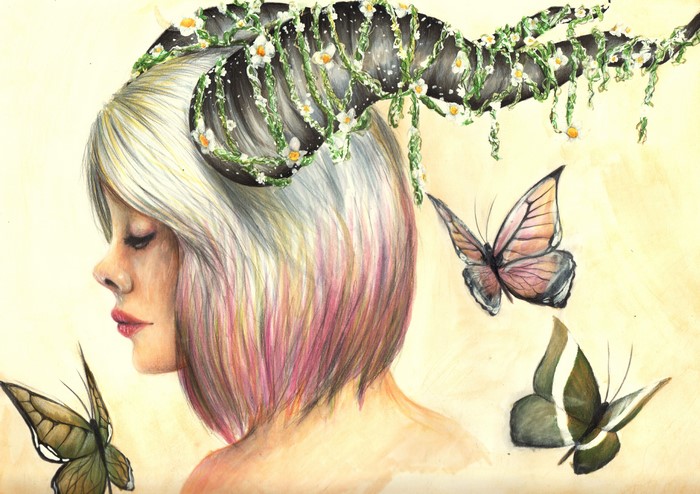 Painting Art of a Woman with Horns and Butterflies