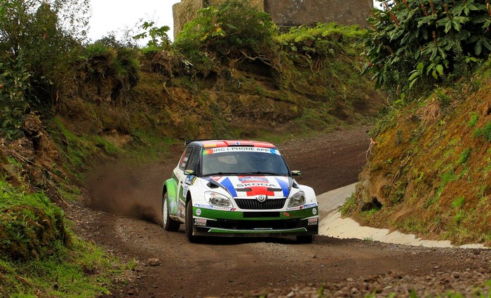 Skoda Fabia WRC rally car on a dirt track