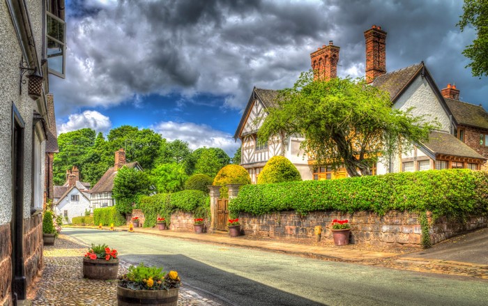 Tudor-style houses on a street in Little Budworth, England