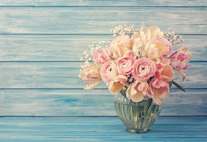 Bouquet of Pink Tulips and Ranunculus in a Vase