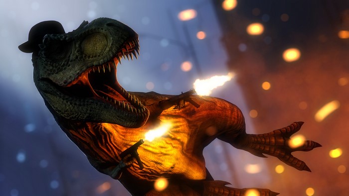 T. Rex with guns and hat