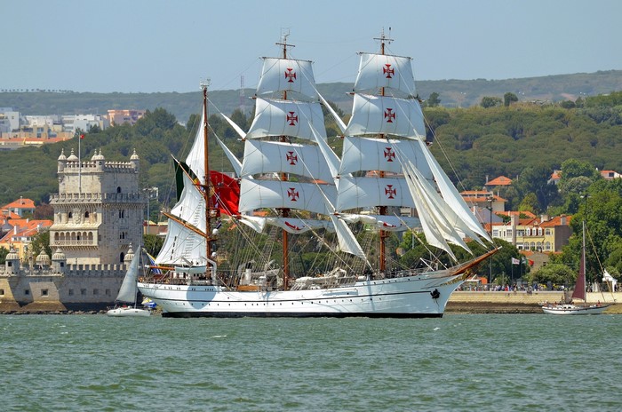 NRP Sagres III sailing on Tagus River near Belem Tower, Lisbon