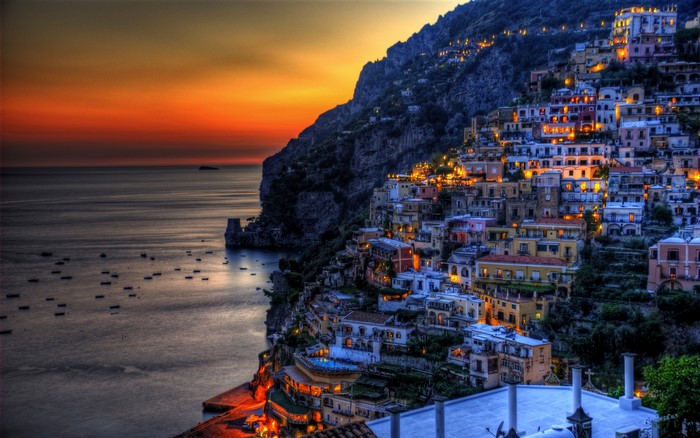 Positano, Italy at Sunset with Boats