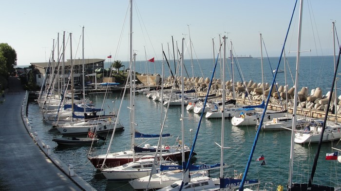 Sailboats docked in a marina in Valparaiso, Chile