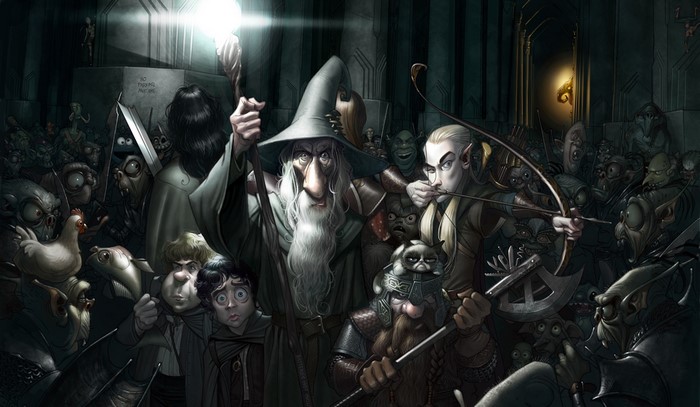 Gandalf, Frodo, Legolas, and Gimli surrounded by goblins