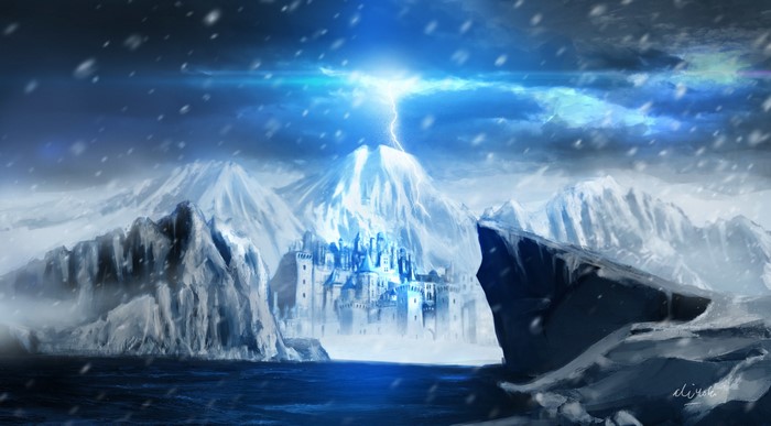 Snowy mountains with a castle and lightning strike