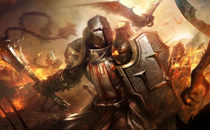 Knight in Armor with Fiery Axe and Shield