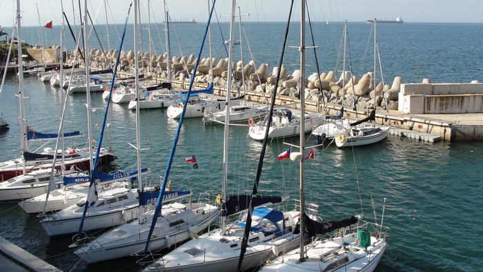 Sailboats docked in Valparaiso harbor, Chile