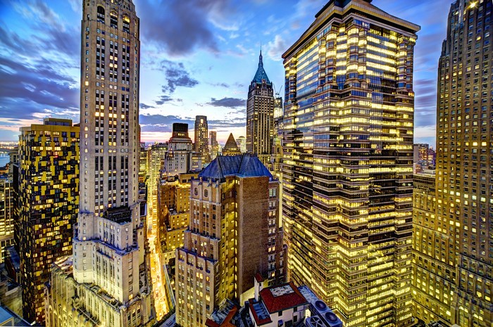 New York City skyscrapers at dusk