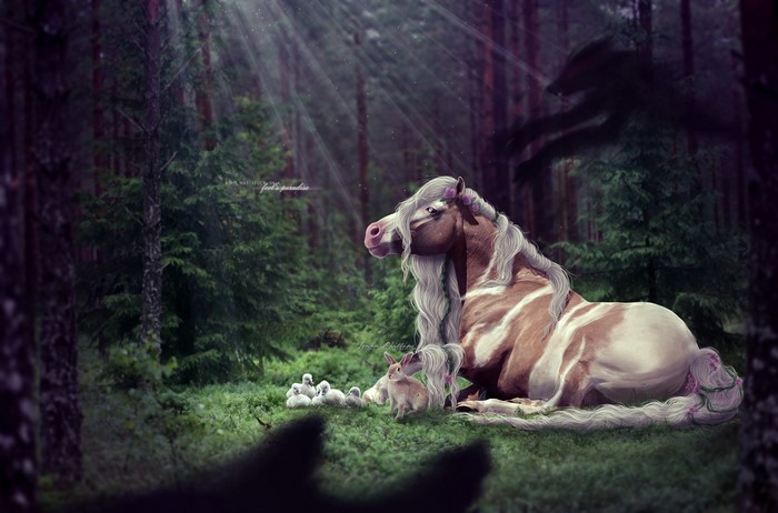 Horse with foals and rabbit in a sunlit forest