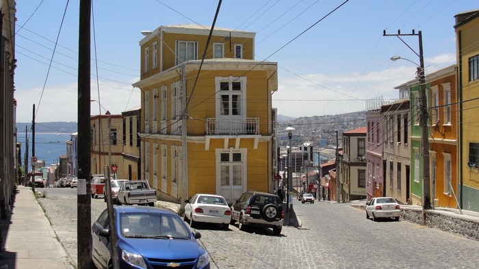 Colorful houses on a steep street in Valparaiso, Chile