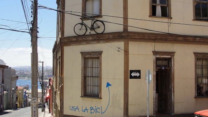 Bicycle on a building in Valparaiso, Chile