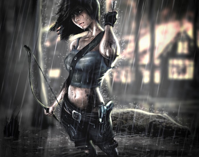 Lara Croft from Tomb Raider in the Rain