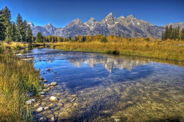 Grand Teton Mountains reflected in a river