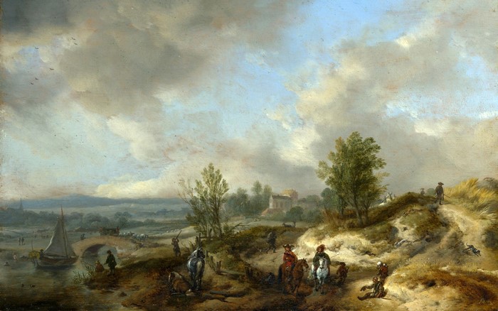 Landscape with figures and a sailboat