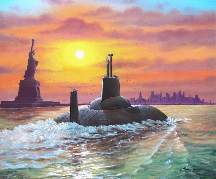 Submarine near Statue of Liberty and New York City skyline at sunset