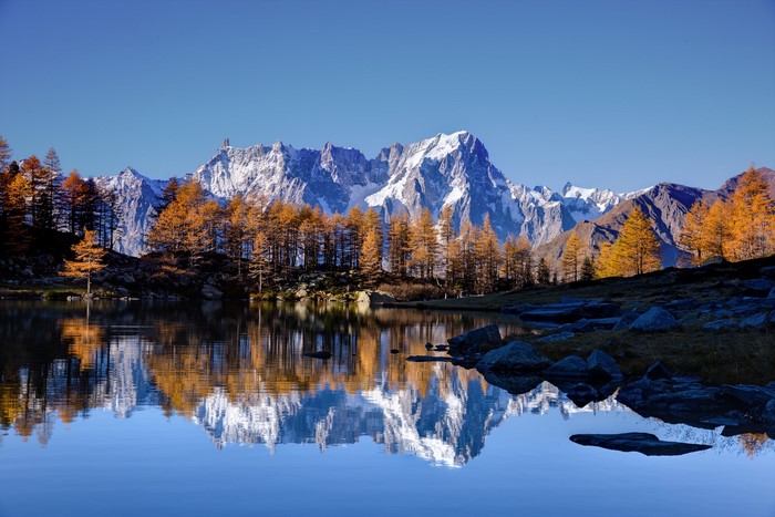 Autumn trees reflecting in a mountain lake