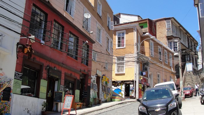Colorful buildings on a steep street in Valparaiso, Chile