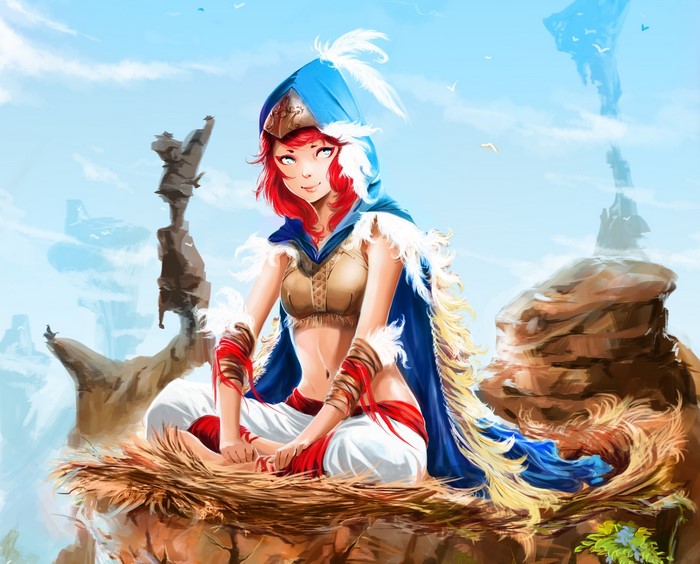 Girl in bird-like costume sitting in a nest on a cliff