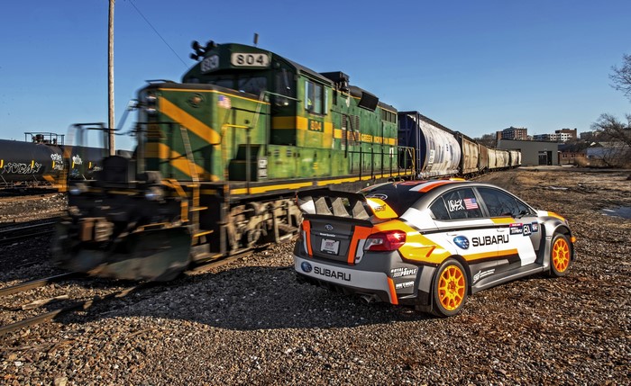 Subaru WRX STI Rallycross car and Green Mountain Railroad train