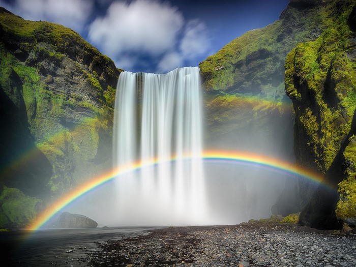 Skogafoss Waterfall with Rainbow in Iceland