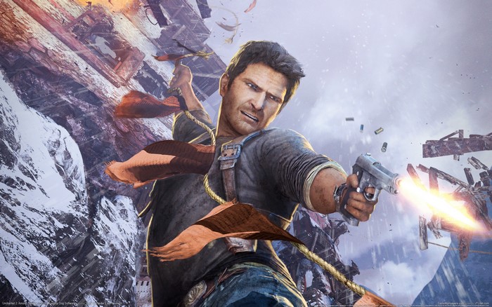 Nathan Drake from Uncharted 2: Among Thieves firing a pistol